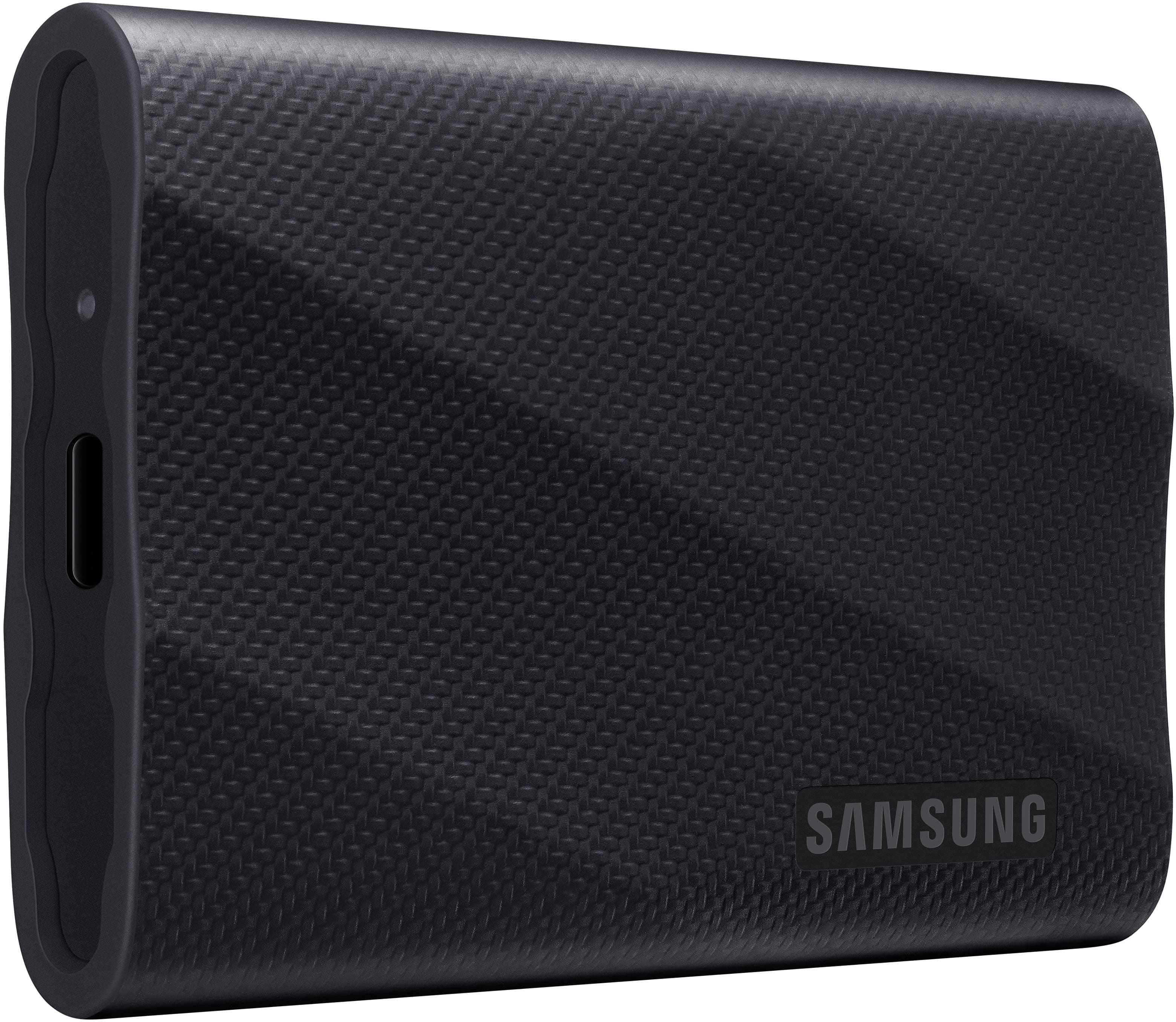 Samsung T9 Portable SSD connected to a laptop showing fast data transfer