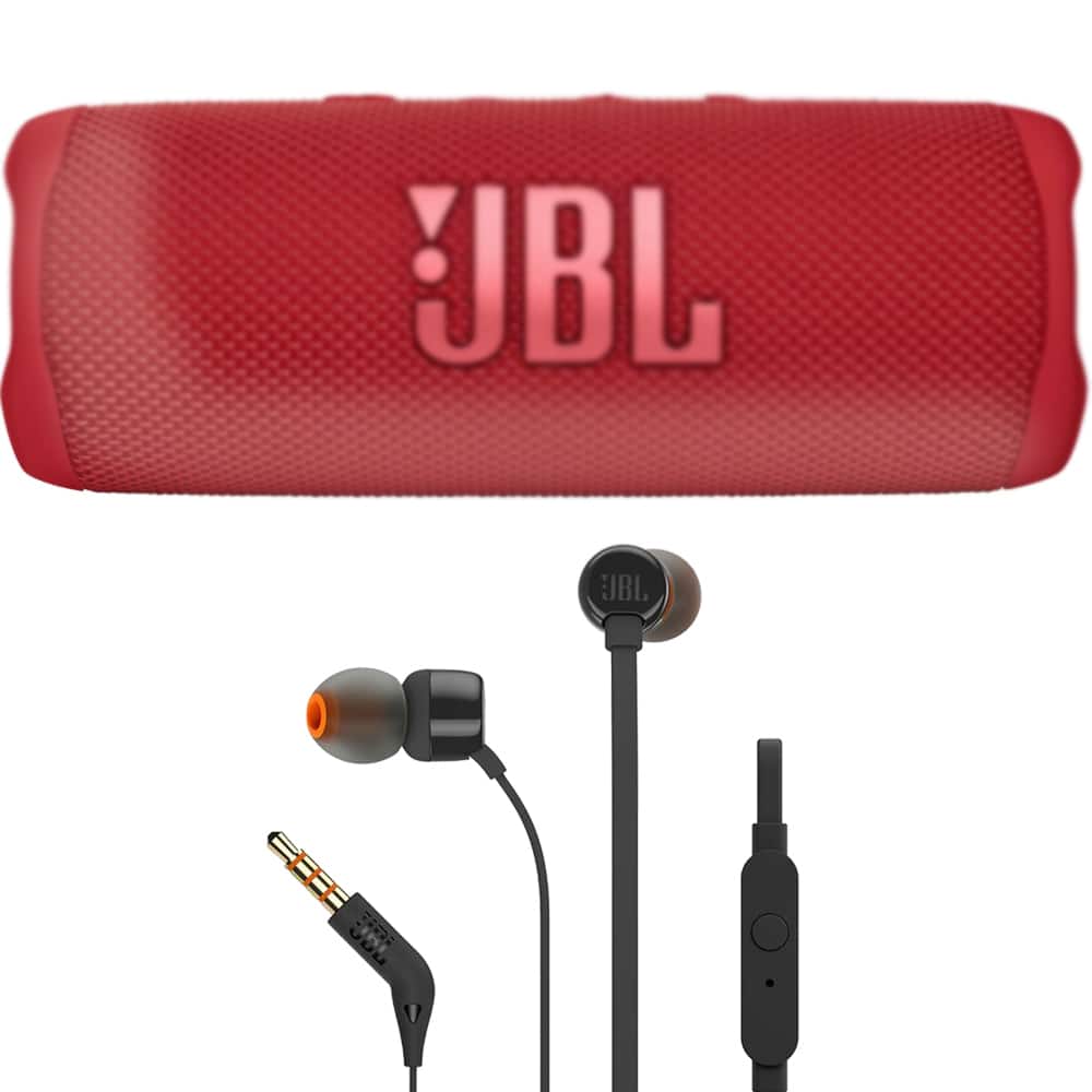 JBL Flip 6 red speaker on a sunny beach, showing waterproof capability