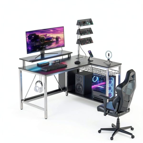 Bestier L Shaped Gaming Desk Power Outlets LED Lights-3