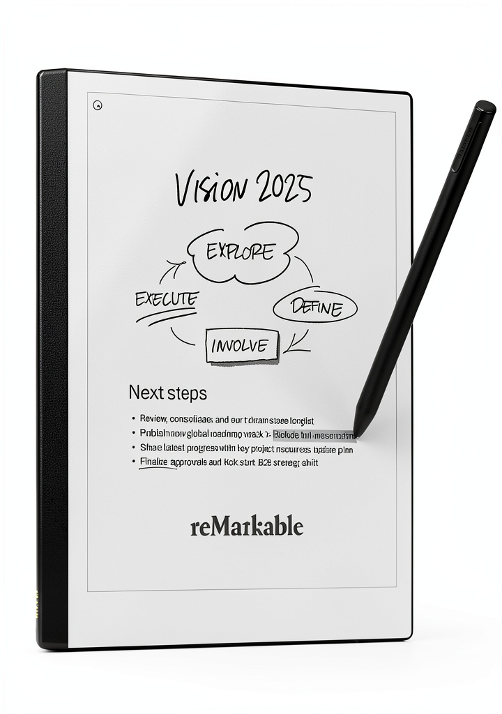 reMarkable 2 Paper Tablet showing handwritten meeting notes and PDF annotation in professional setting