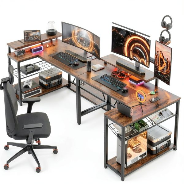 Bestier L Shaped Gaming Desk Power Outlets LED Lights-8