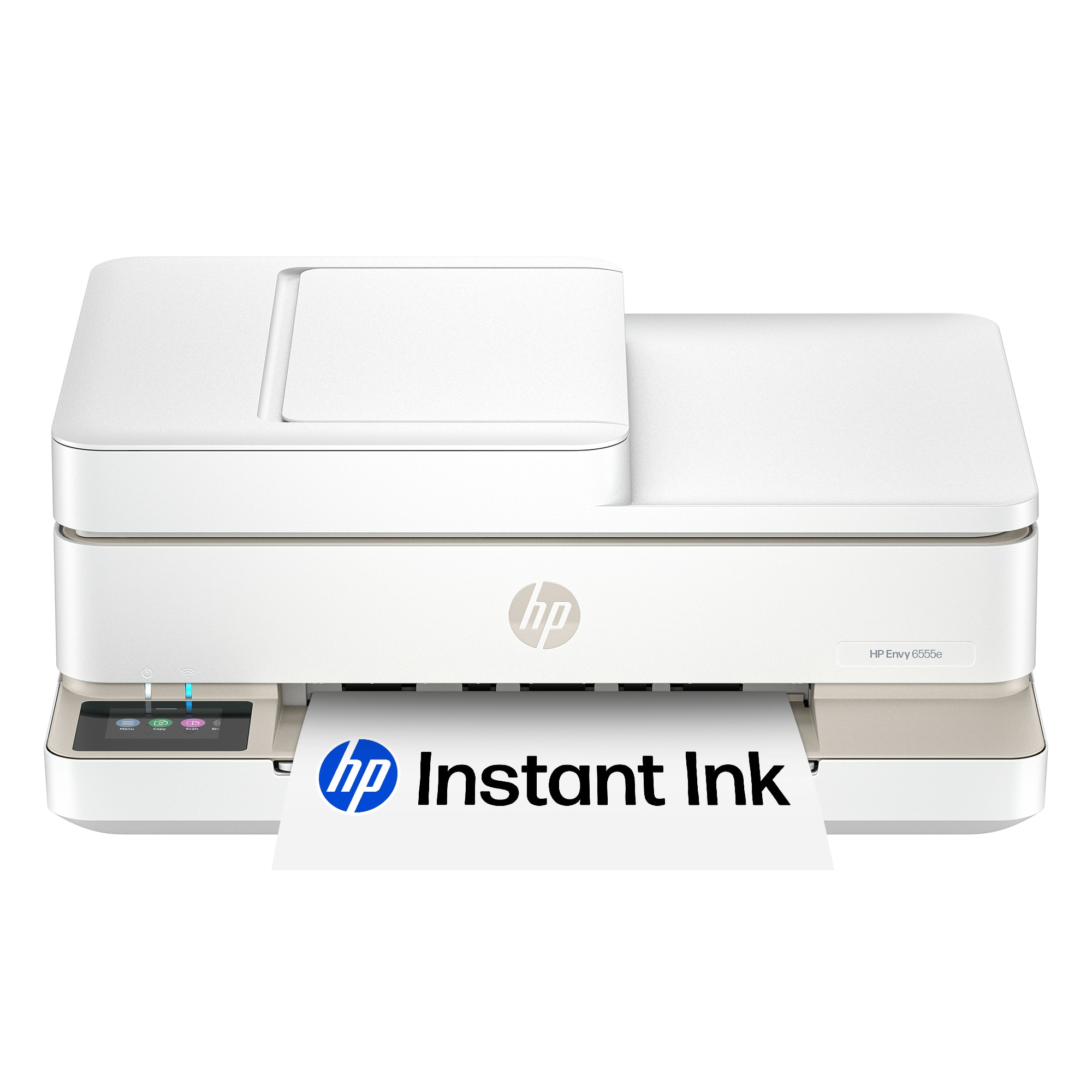 HP Envy 6555e printer on a home desk with documents and photos