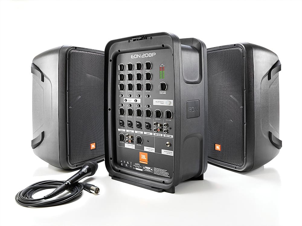JBL EON208P Portable PA System with speakers and mixer connected