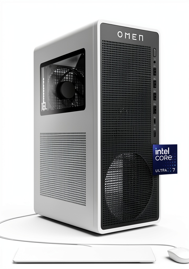 Installing HP OMEN 16L Gaming Desktop Intel Core Ultra 7 RTX 5060 Ti on a wooden desk