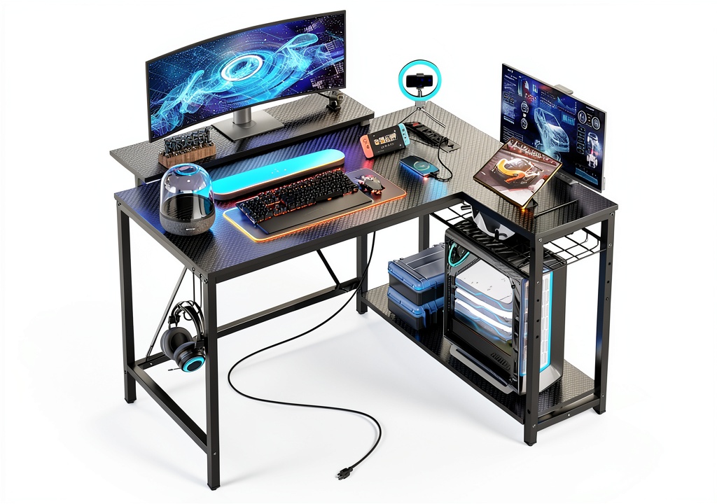 Bestier L shaped gaming desk with dual monitor setup showing cable management