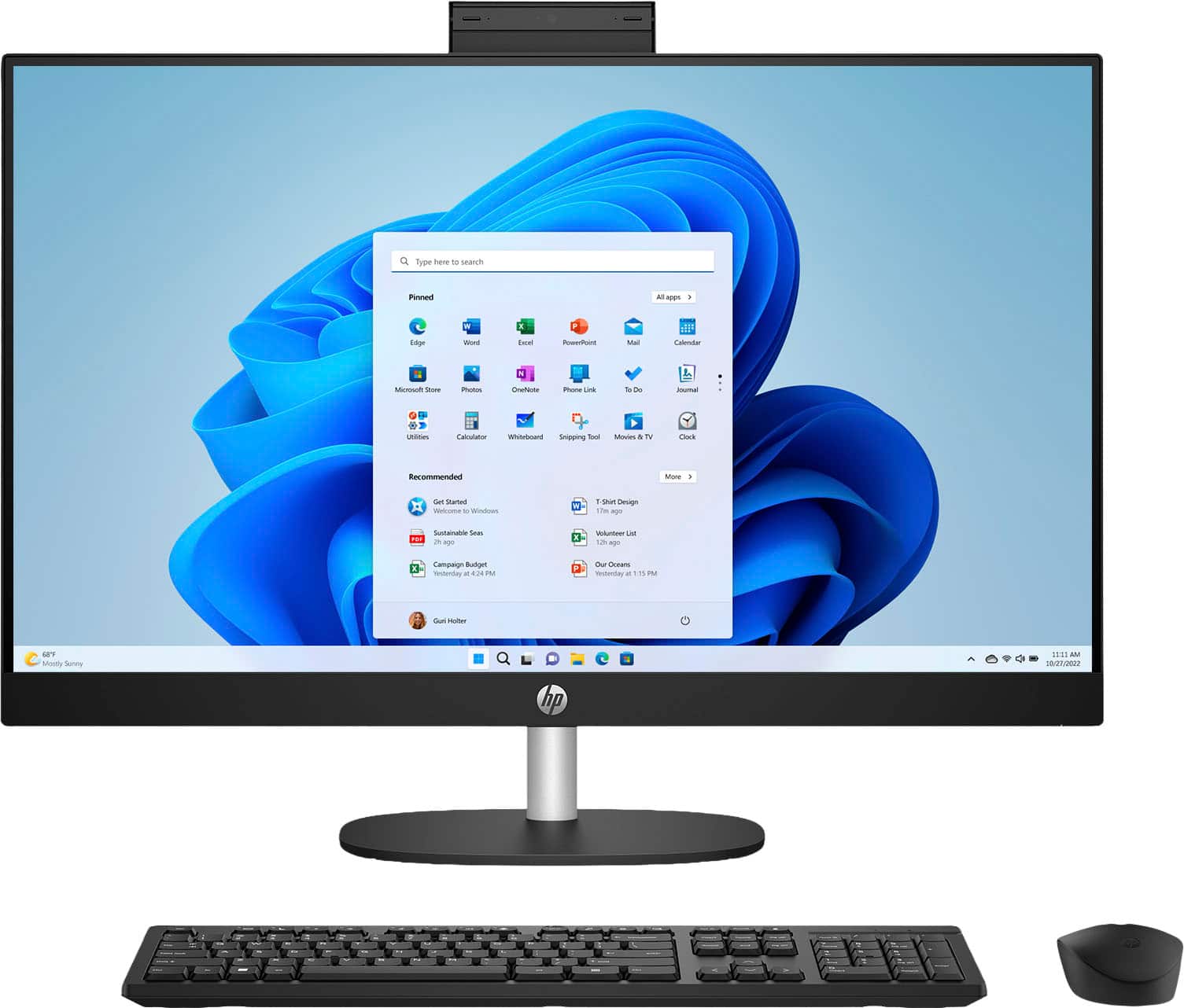 HP 27-inch all-in-one PC on a modern desk with touch screen in use