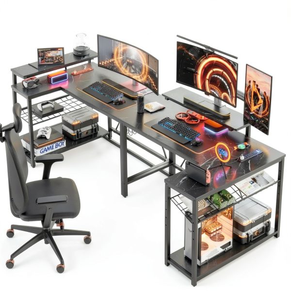 Bestier L Shaped Gaming Desk Power Outlets LED Lights-1