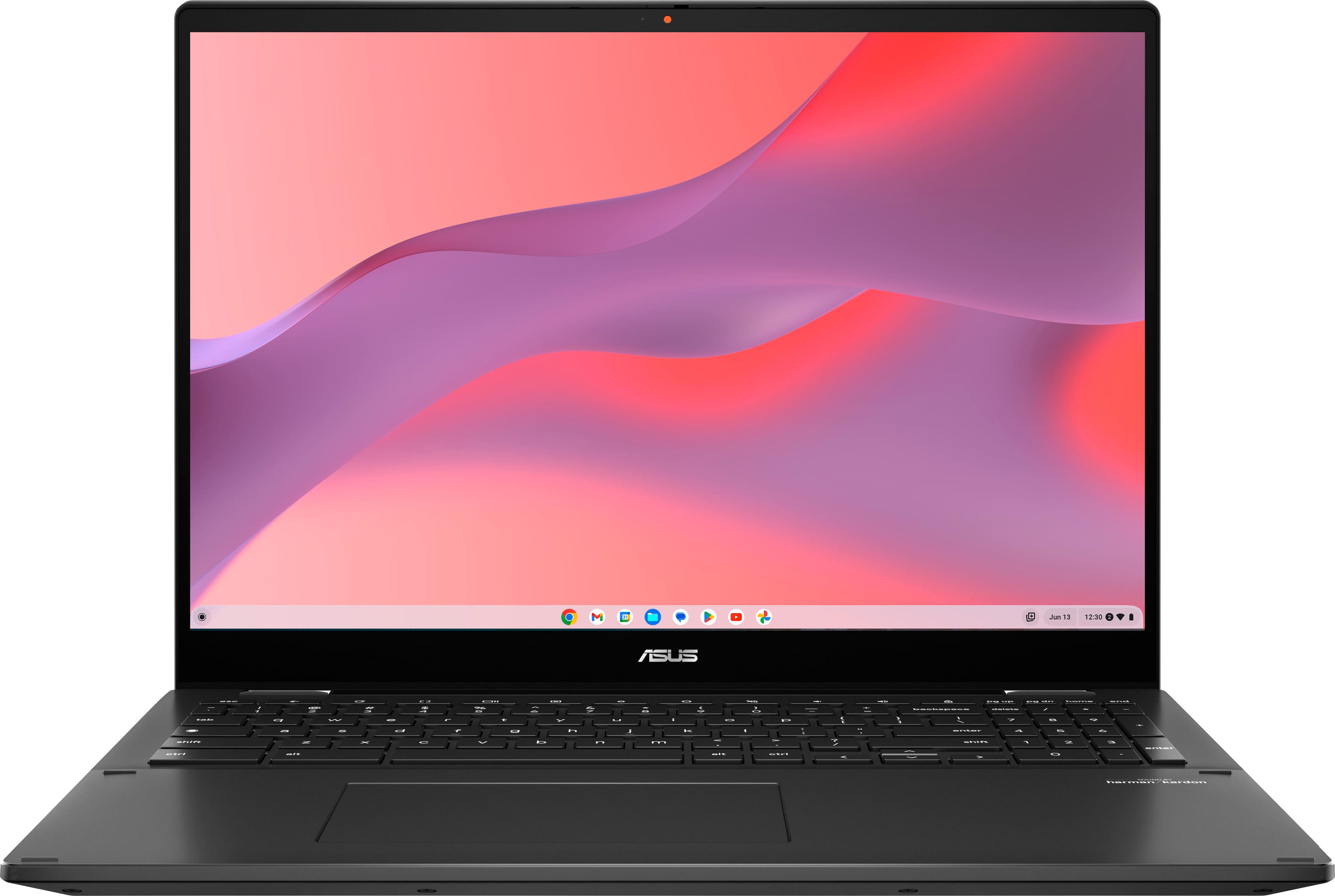 ASUS Chromebook Plus in laptop mode on a desk