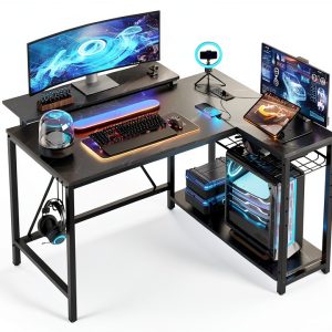 Bestier L Shaped Gaming Desk Power Outlets LED Lights-0