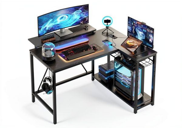 Bestier L Shaped Gaming Desk Power Outlets LED Lights-0